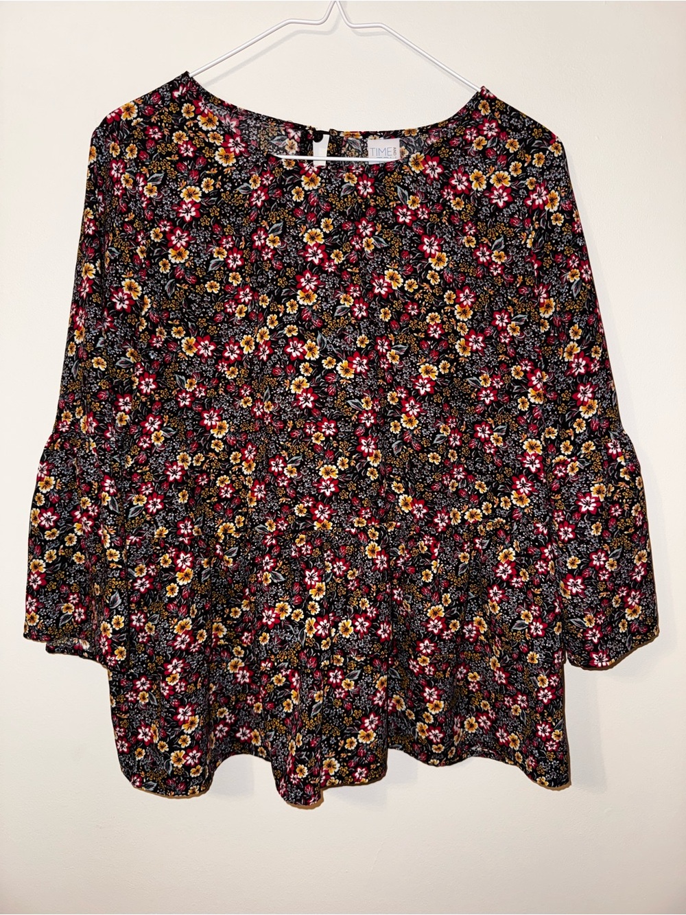 Time and Tru Black Floral Peplum Tunic with Pink & Yellow Blooms
